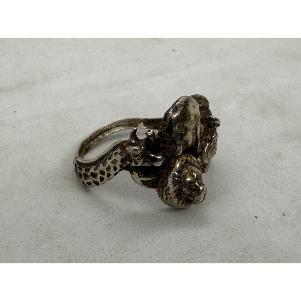 925 Sterling Silver Safari Animal Ring Lion Elephant Giraffe Zebra Size 8 - Picture 2 of 8